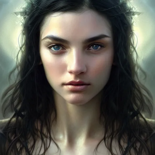 Image similar to face portrait of a very beautiful girl, fair skin, green eyes, black long hair, realistic face, no lipstick, ultra realistic, concept art, intricate details, eerie, highly detailed, photorealistic, octane render, 8 k, unreal engine. art by artgerm and greg rutkowski and charlie bowater and magali villeneuve and alphonse mucha