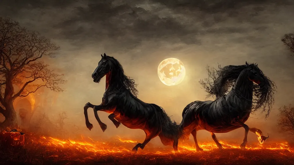 Image similar to rampant black horse with fiery eyes a headless colonial rider holds a jack - o - lantern, background gnarled trees and supermoon, in the styles of greg rutkowski, keith parkinson, and john quidor, intricate, detailed, volumetric lighting