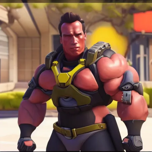 Prompt: a screenshot of arnold schwarzenegger in overwatch