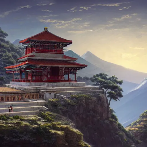 Prompt: concept art painting of a marble temple on top of a mountain, with greek and japanese architecture, overlooking a valley with a village below, realistic, detailed, cel shaded, in the style of makoto shinkai and greg rutkowski and albert bierstadt and james gurney