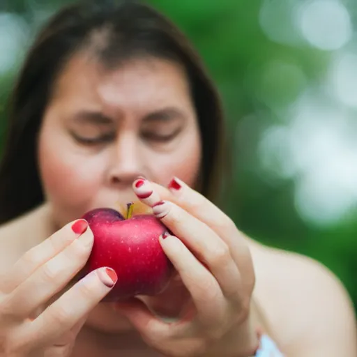 Prompt: a woman with red nails clutching a black apple, 3 5 mm macro photograph