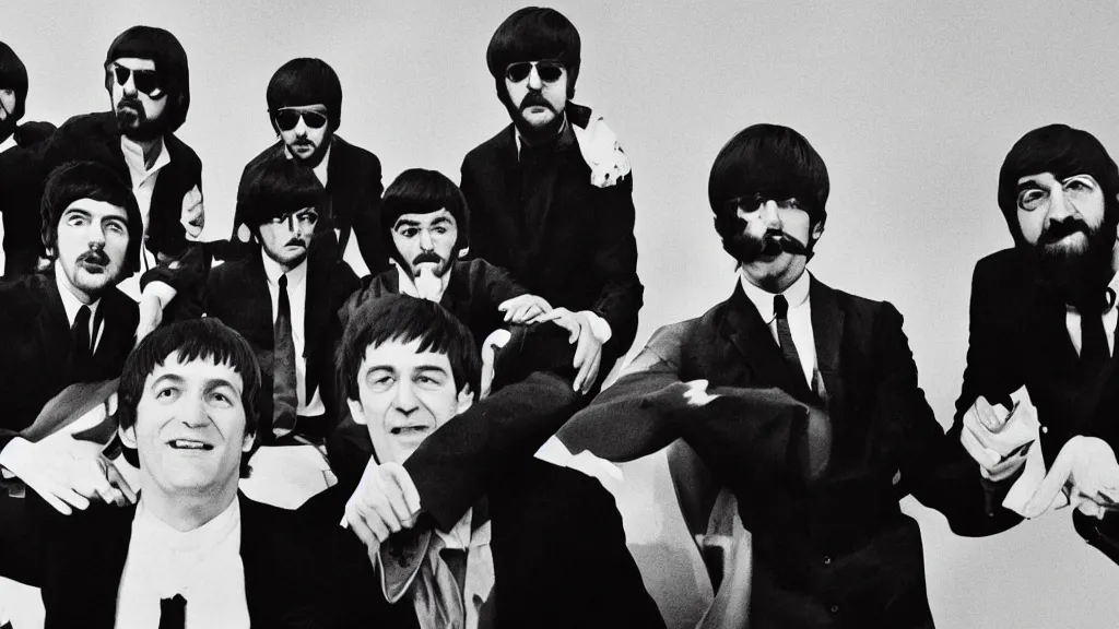 Image similar to the apostles as the beatles on an album cover, film still from the movie directed by Denis Villeneuve with art direction by Salvador Dalí, wide lens