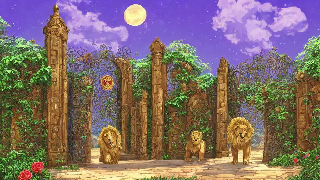 Image similar to A giant medieval fantasy gate with an gold carved lion face at the center, vines, thorns, roses, flowers, vivid vegetation, pastel color tones, clear clean, Ilya kushinov, by Makoto Shinkai, Studio Ghibli, Miyazaki, Kyoto Animation, digital 2D, painterly style, gouache illustration, high contrast, cute, kawaii, golden ratio, rule of thirds