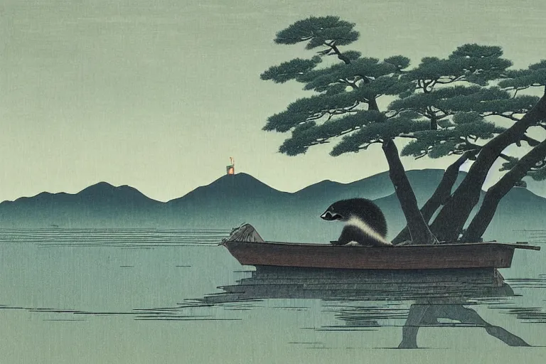 Prompt: raccoon floats on a boat in a storm, Hasui Kawase, dramatic,