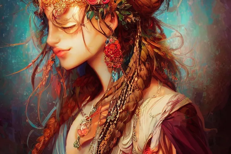 Image similar to a beautiful bohemian girl, intricate, highly detailed, digital painting, pixiv, artstation, official media, anime key visual, concept art, rich vivid colors, ambient lighting, sharp focus, illustration, art by erak note