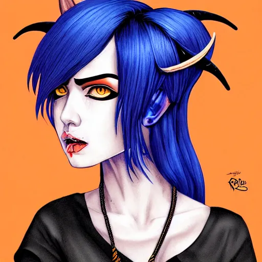 Prompt: illustrated portrait of ram-horned devil woman with blue bob hairstyle and colored orange skin tone and with solid black eyes and black sclera wearing leather by rossdraws