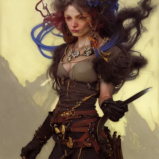 Image similar to highly detailed portrait of a fantasy rogue in the form of a beautiful halfling. d & d. art by donato giancola, eugene delacroix, ruan jia, carl larsson, peter mohrbacher. trending on artstation, intricate details, energetic composition, concept art, illustration, elegant art, global illuminaition