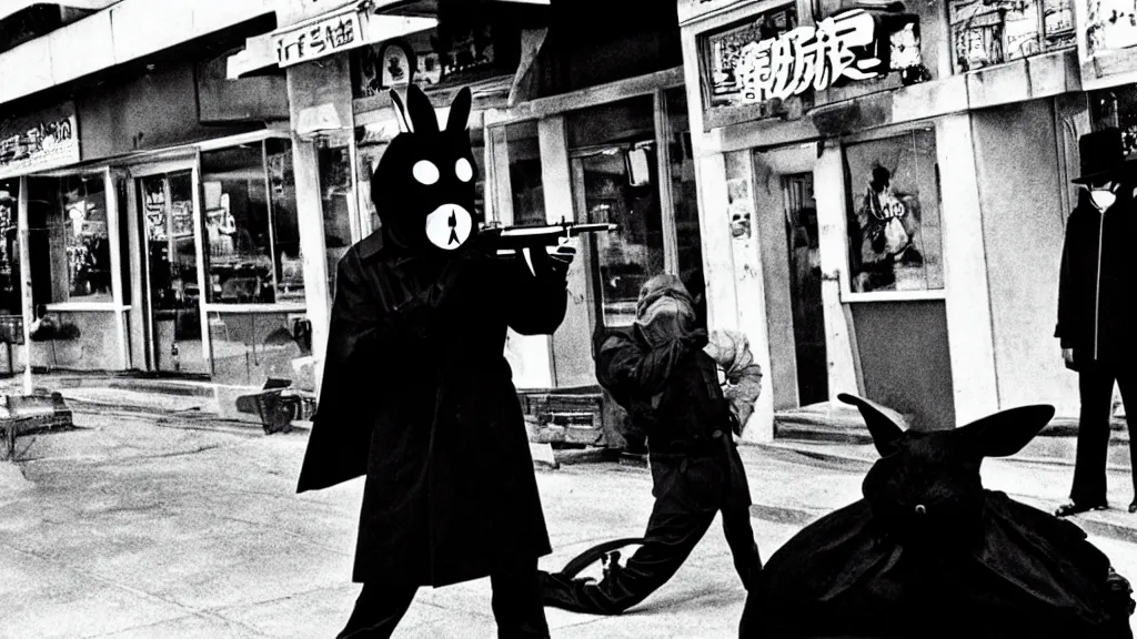 Prompt: a man in a trench coat wearing a black rabbit mask in front of a diner shooting an uzi, film still from the an anime directed by Katsuhiro Otomo with art direction by Salvador Dalí, wide lens