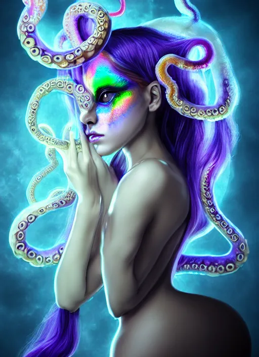 Image similar to A full shot of a cute magical monster girl wearing a dress made of opals and tentacles. Creepy Pasta. F1.4. Symmetrical. Dark Smoke and VFX. Caustics refraction. Prism light. defined facial features, symmetrical facial features. Rainbows. Soft Lighting. beautiful lighting. By Giger and Ruan Jia and Artgerm and Range Murata and WLOP and William-Adolphe Bouguereau and Loish and Lisa Frank. trending on artstation, featured on pixiv, award winning, sharp, details, intricate details, realistic, Hyper-detailed, HD, HDR, 4K, 8K.