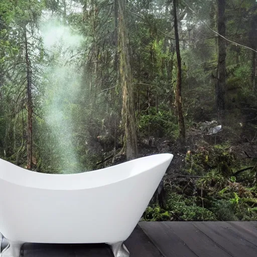 Image similar to pristine porcelain bath filled with bubbles in a clearcut rainforest, slash and burn, cleared forest, deforestation, bubble bath, overflowing with bubbles, tree stumps, smouldering charred timber