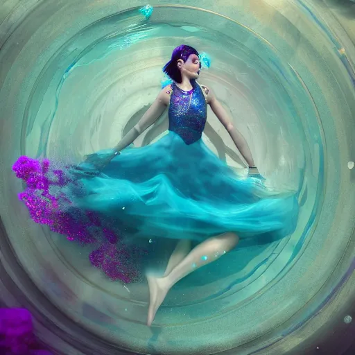 Image similar to beautiful woman with gorgeous eyes and high cheekbones dancing underwater wearing a flowing dress made of blue, magenta, and yellow seaweed, delicate coral sea bottom, swirling silver fish, swirling smoke shapes, octane render, caustics lighting from above, cinematic, hyperdetailed