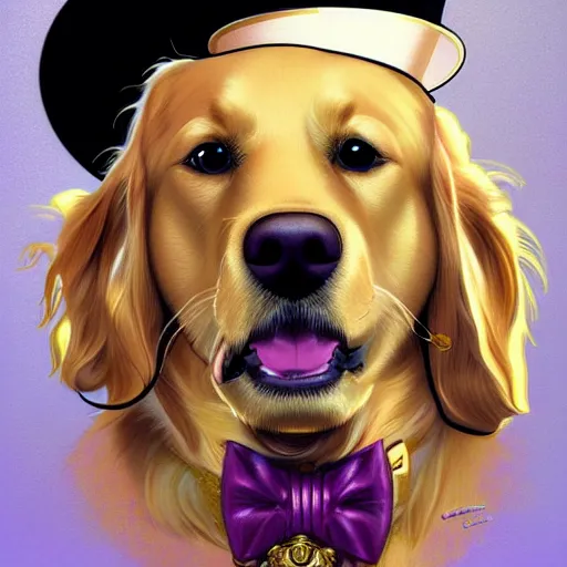 Prompt: close portrait of golden retriever dog, wearing a top hat, wearing a monocle over one eye, smiling, vaporwave, highly detailed, digital painting, artstation, concept art, smooth, sharp focus, illustration, art by artgerm and greg rutkowski and alphonse mucha