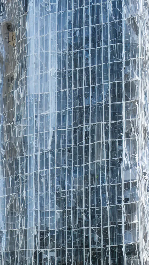 Prompt: hyperrealistic photo of a futuristic glass building in a urban setting. the building has many balconies with hanging plants. parts of the building are wrapped in billowing fabric tarps. the fabric tarps are translucent mesh with large holes for balconies and windows. the fabric hangs from metal scaffolding. 8 k