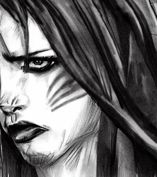 Prompt: tired vigilante girl angry detailed rendering pencil ink painting realistic hd with frank Miller Alex Ross style trending Flickr