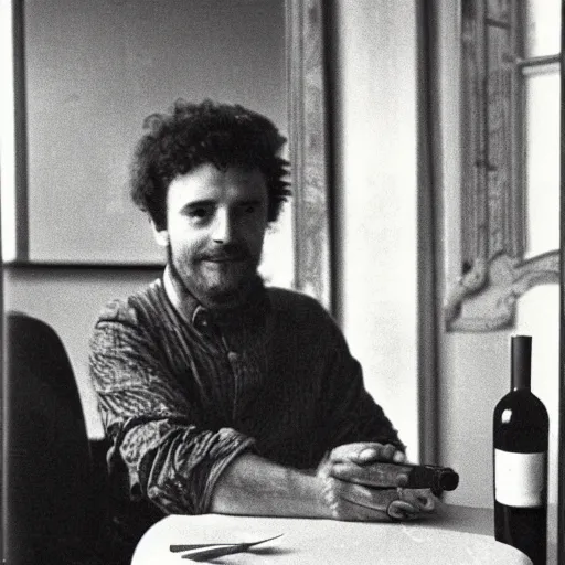 Prompt: photograph of a frenchman seated at a table with a bottle of wine in 1 9 9 0. in color, award winning photography, 5 0 mm, extremely detailed face