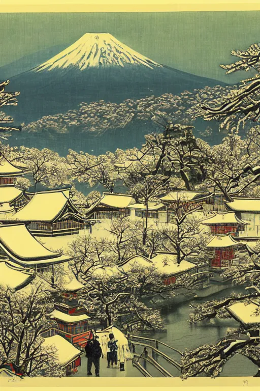 Prompt: Winter,Town at the Foot of Mount Fuji, by Taizi Harada.