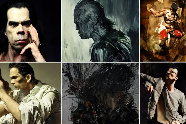 Image similar to a portrait of nick cave, masterpiece, dramatic lighting, painting by caravaggio and ruan jia and daytoner and jakub rebelka and android jones