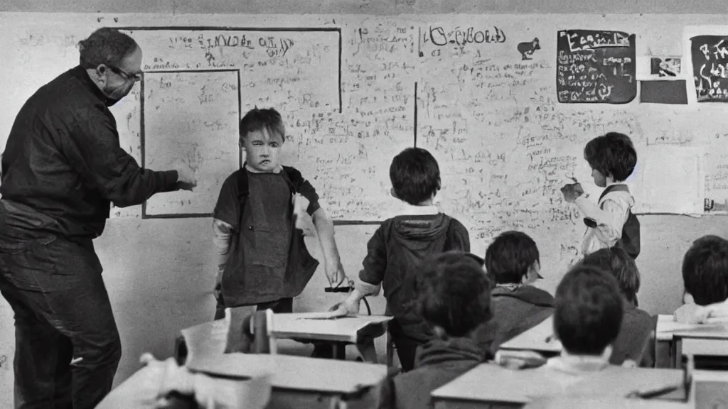 Prompt: photograph a child with red hair and freckles is questioned at the blackboard, the teacher is close by and looks at him. they are both facing the classroom which is empty in the style of Carlo Diamanti