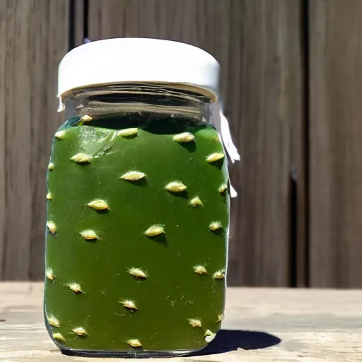 Prompt: nopal in a jar filled with white liquid