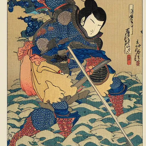 Prompt: knight in plate armor, 8k, ultra detailed, Ukiyo-e style by Katsushika Hokusai