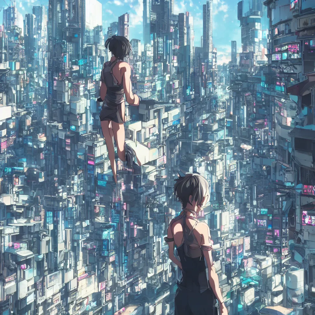 Image similar to a girl stands on top of a multi-storey building, anime style, 4k, cyberpunk city in the background, very detailed