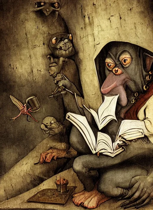 Image similar to medieval goblin reading a book by hieronymus bosch, detailed digital art, trending on Artstation