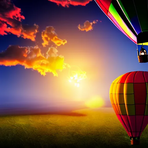 Image similar to 3D render of a medieval flying dragon attacking a hot air balloon during sunset, extremely detailed, 4K