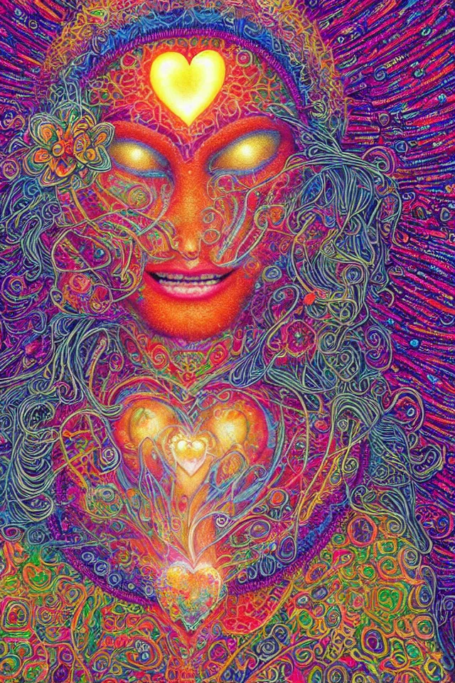 Image similar to a happy beautiful wise spirit goddess in the shape of a heart, meditation, 3 2 k resolution, good vibes, perfect lighting, billions of details, made out of small cubes of love, pointillism, fabric embroidery, stunning psychedelic artwork, android jones, chris dyer, alex grey, trending on artstation, award winner