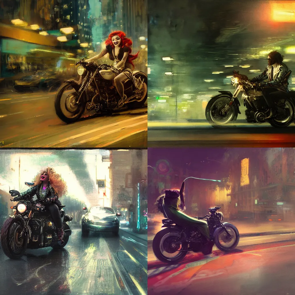 Prompt: a photography of a drag queen, speeding on motorcycle, artwork by jeremy mann and alphonse mucha, intricate detail, photo realistic, high detail, night street, night time, digital painting, artstation, concept art, unreal engine render