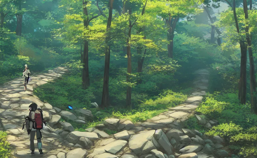 Image similar to hiking the Appalachian trail, anime scenery by Makoto Shinkai, wholesome digital art