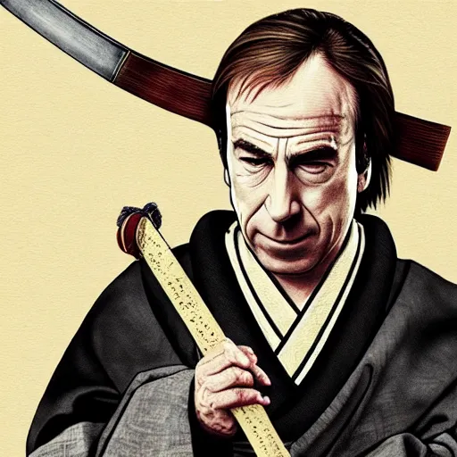 Image similar to saul goodman from breaking bad wearing samurai armor and holding a katana in feudal japan, 4 k, hyper realistic, ink block painting, edo period