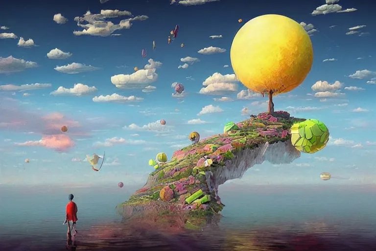 Image similar to surreal glimpse into other universe, floating island in the sky, summer morning, very coherent and colorful high contrast, art by!!!! gediminas pranckevicius!!!!, geof darrow, dark shadows, hard lighting