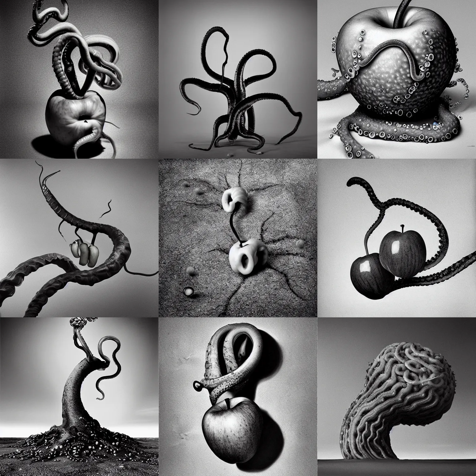 Prompt: tentacles coming out of one rotten apple hyperrealistic photography highly detailed in the style of chema madoz