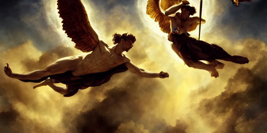 Image similar to Icarus trying to catch the golden snitch, by Rolf Armstrong and Evelyn De Morgan and Bastien Lecouffe-Deharme, dramatic lighting, high contrast colors, baroque, empyrean, panoramic view, as trending on Artstation, highly detailed, doom engine,