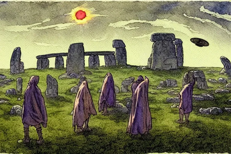 Image similar to a realistic and atmospheric watercolour fantasy concept art of a ufo landing in a tiny stonehenge. one dirty medieval monk in grey robes is pointing up at the ufo. muted colors. by rebecca guay, michael kaluta, charles vess and jean moebius giraud