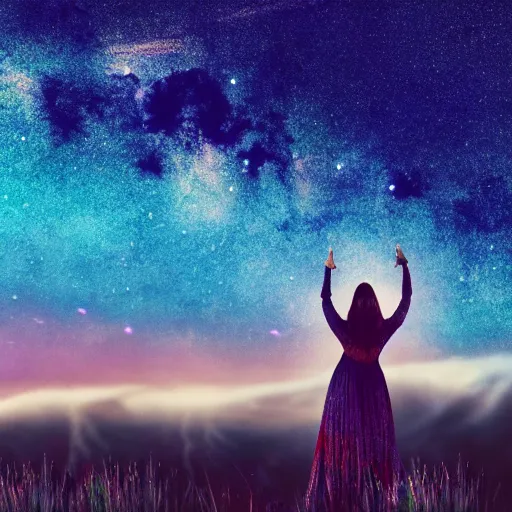 Prompt: a beautiful landscape of a starry sky with an beautiful woman waving to the horizon, cinematic, dramatic, color grading, photojournalism, colorful, highly detailed, album cover, with text vystava