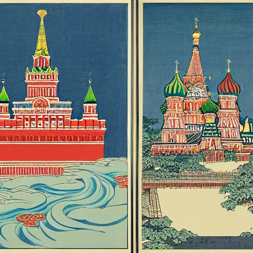 Prompt: moscow kremlin by haruyo morita, highly detailed, artistic masterpiece, by katsushika hokusai, by utagawa hiroshige, by kitagawa utamaro, by ohara koson