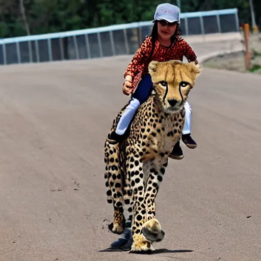 Image similar to girl riding a cheetah on a race track