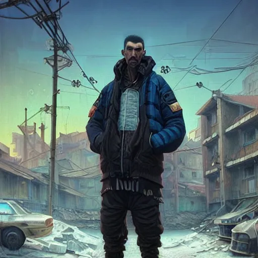 Image similar to A portrait of a cyberpunk thug guy on the street of a Soviet slum on the moon, Norilsk, sci-fi, fantasy, intricate, very very beautiful, elegant, highly detailed, digital painting, artstation, concept art, smooth, sharp focus, illustration, art by artgerm and greg rutkowski and alphonse mucha