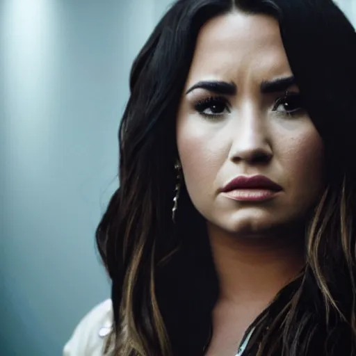 Image similar to close-up of Demi Lovato as a detective in a movie directed by Christopher Nolan, movie still frame, promotional image, imax 70 mm footage