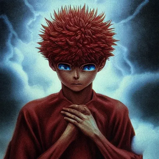 Prompt: killua zoldyck made by zdzisław beksinski, thunderstorm, 8 k, detailed, cinematic, rain, crying, spiky hair