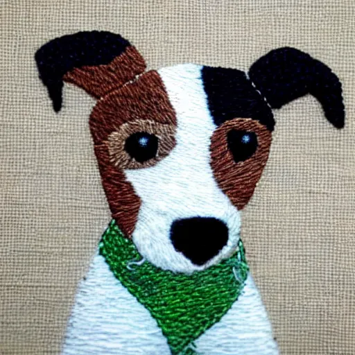 Prompt: a tiny beautiful handmade embroidery of a cute long haired jack russell terrier puppy, white with brown spots and patches over both eyes. hand embroidery.