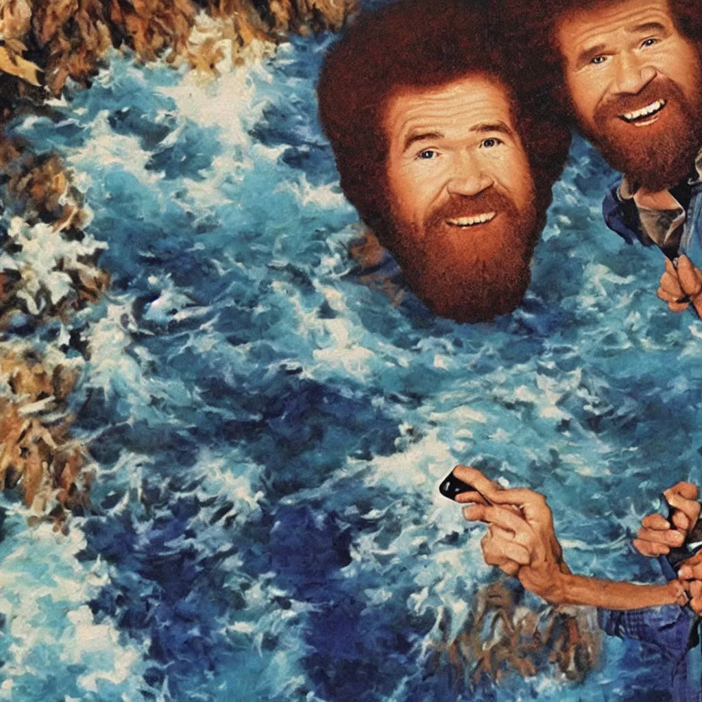 Image similar to bob ross painting of last selfie on earth