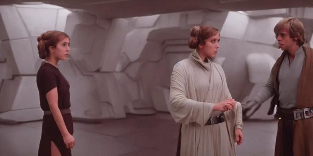 Image similar to screenshot of Luke Skywalker teaching Princess Leia the force, the two people are in a lost jedi Temple, 1970s sci fi film by Stanely Kubrick film, color kodak, Ektachrome, anamorphic lenses, detailed faces, hyper-realistic, photoreal, detailed portrait, moody cinematography, strange lighting