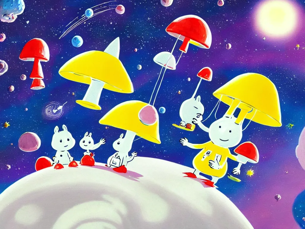 Image similar to moomins in space suits flying around with jetpacks discovering the mushroom planet, looking cute, photorealistic painting, movie still, cgi, warm colors, fluffy, cozy, dreamy, low light