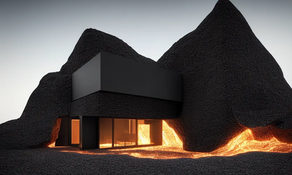 Image similar to tall black geometric house, embedded in lava cliff, full view, black house, molten metal house, minimal, rippled white landscape, dwarven architecture, light from molten iron, octane render, hyper realistic, 8 k, octane render