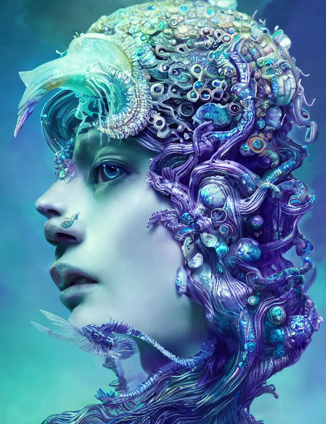 Image similar to goddess macro close - up portrait in crown made of ram skull. betta fish, jellyfish phoenix, bioluminiscent, plasma, ice, water, wind, creature, super intricate ornaments artwork by tooth wu and wlop and beeple and greg rutkowski