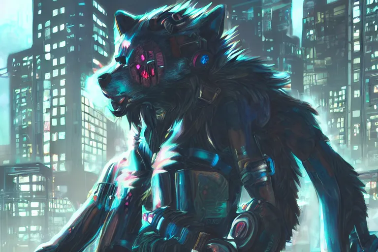 Prompt: a transhuman wolf in a cyberpunk city, trending on artstation, by kawacy, neon backlighting, furry art