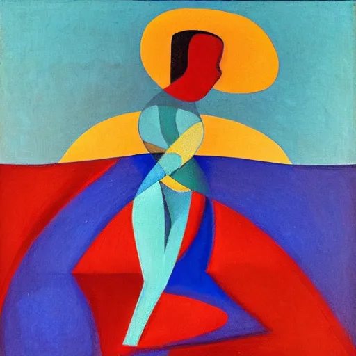 Prompt: woman woman dances by the ocean with her sisters at sunset , abstract art in the style of cubism and georgia o’keefe ,