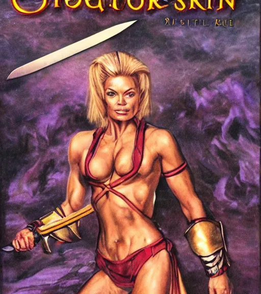Prompt: 1 9 8 0 s fantasy novel book cover, amazonian jaime pressly in extremely tight bikini armor wielding a cartoonishly large sword, exaggerated body features, dark and smoky background, low quality print
